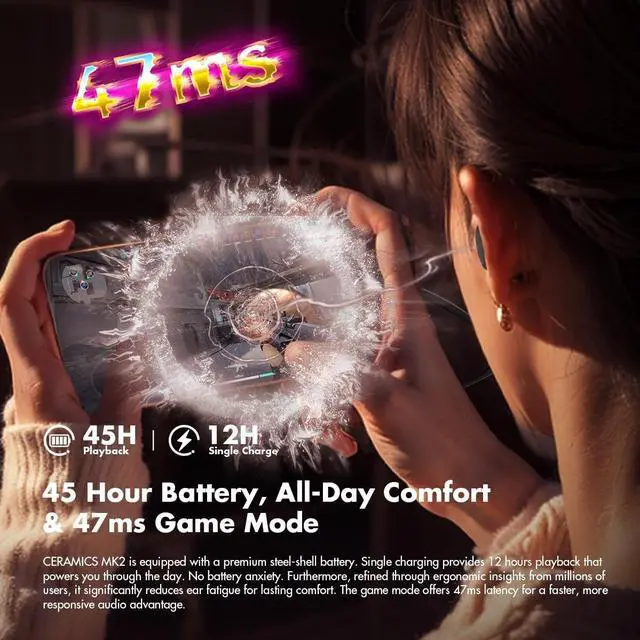 Alt view image 3 of 5 - ROSESELSA Ceramics MK2 True Wireless Earbuds, 40dB Active Noise Cancelling Earphones, Bluetooth 6.0, Hi-Res LDAC, IPX4 Sweat Resistant, 45H Playtime, HD Mics, Game Mode, Dual Connectivity (Nigh