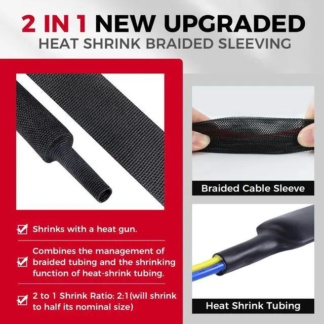 Alt view image 2 of 5 - Black 2:1 Ratio Automotive Heat Shrink Braided Sleeving,Wear-Resistant Flat Woven Shrinkable Sleeve Fabric Car Cable Wires Hoses Protection (1/2"-26ft)