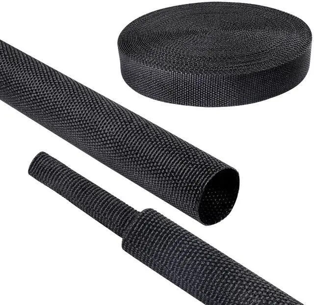 Main image of Black 2:1 Ratio Automotive Heat Shrink Braided Sleeving,Wear-Resistant Flat Woven Shrinkable Sleeve Fabric Car Cable Wires Hoses Protection (1/2"-26ft)