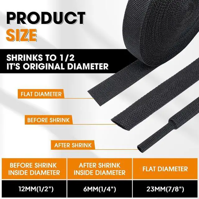 Alt view image 3 of 5 - Black 2:1 Ratio Automotive Heat Shrink Braided Sleeving,Wear-Resistant Flat Woven Shrinkable Sleeve Fabric Car Cable Wires Hoses Protection (1/2"-26ft)