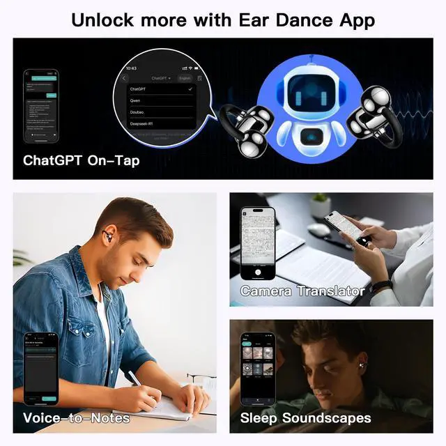Alt view image 5 of 5 - Clip on Ear Headphones OWS Hanging Earphones Ear Clip Wireless Earbuds AI Translation Earbuds Real Time,165 Language Translator Earbuds for Travel Learning Suitable for Small Ears and Eyeglass
