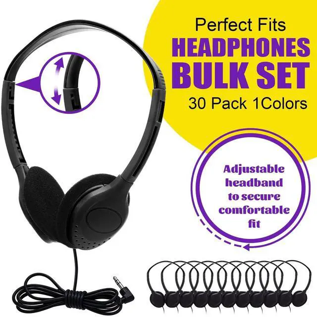 Alt view image 2 of 5 - Yunsailing 30 Pack Over Ear Wired Headphones Bulk for School Classroom Student, Adjustable Headband with 3.5mm Jack, Lightweight Design Earphones for Classroom Learning and Testing (Black)