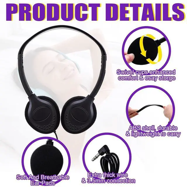 Alt view image 3 of 5 - Yunsailing 30 Pack Over Ear Wired Headphones Bulk for School Classroom Student, Adjustable Headband with 3.5mm Jack, Lightweight Design Earphones for Classroom Learning and Testing (Black)