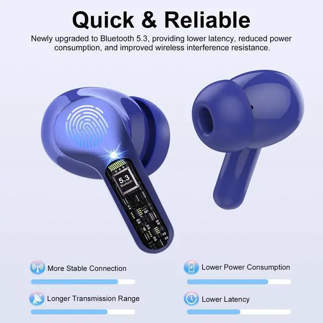 Alt view image 2 of 5 - Wireless Earbuds, Bluetooth 5.4 Headphones HiFi Stereo, Bluetooth Earbuds with ENC Noise Cancelling Mic, IP7 Waterproof in Ear Earphones, 48H, LED Display Ear buds for Pad Workout Sports, Blue