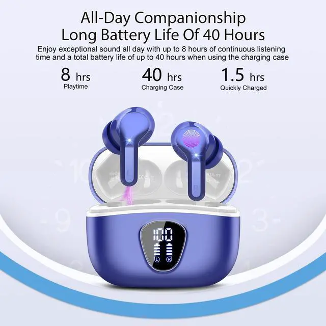 Alt view image 4 of 5 - Wireless Earbuds, Bluetooth 5.4 Headphones HiFi Stereo, Bluetooth Earbuds with ENC Noise Cancelling Mic, IP7 Waterproof in Ear Earphones, 48H, LED Display Ear buds for Pad Workout Sports, Blue