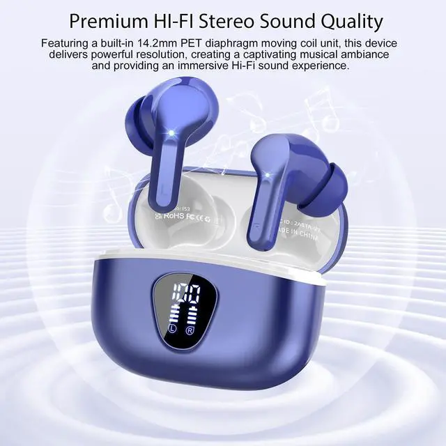 Alt view image 5 of 5 - Wireless Earbuds, Bluetooth 5.4 Headphones HiFi Stereo, Bluetooth Earbuds with ENC Noise Cancelling Mic, IP7 Waterproof in Ear Earphones, 48H, LED Display Ear buds for Pad Workout Sports, Blue