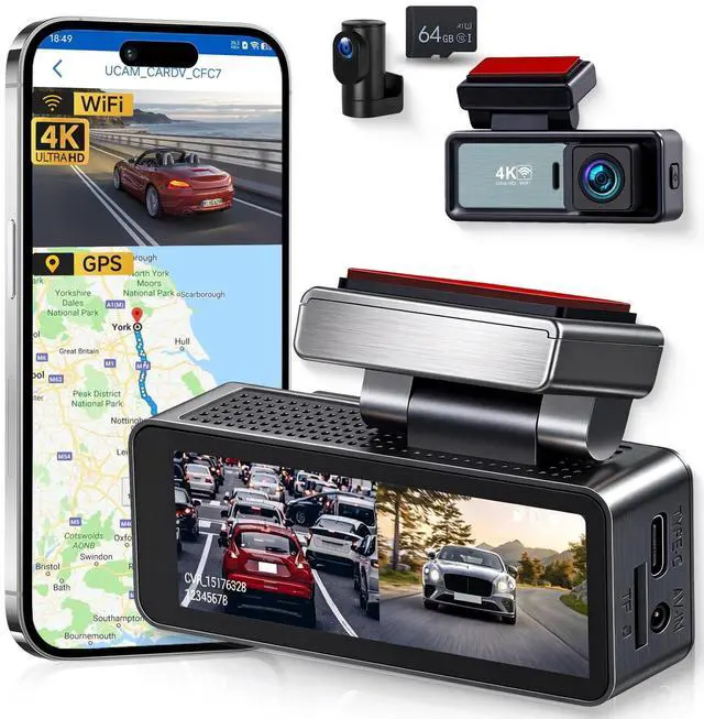 Main image of 4K Dual Dash Cam Front and Rear for Cars,5G WiFi,APP Control,Free 64GB Card,3.12" IPS 4K 3840 * 2160P/FHD Dash Camera,GPS,G-Sensor,24H Parking Mode,Loop Recording