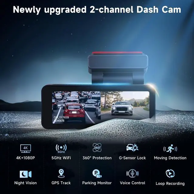 Alt view image 2 of 5 - 4K Dual Dash Cam Front and Rear for Cars,5G WiFi,APP Control,Free 64GB Card,3.12" IPS 4K 3840 * 2160P/FHD Dash Camera,GPS,G-Sensor,24H Parking Mode,Loop Recording