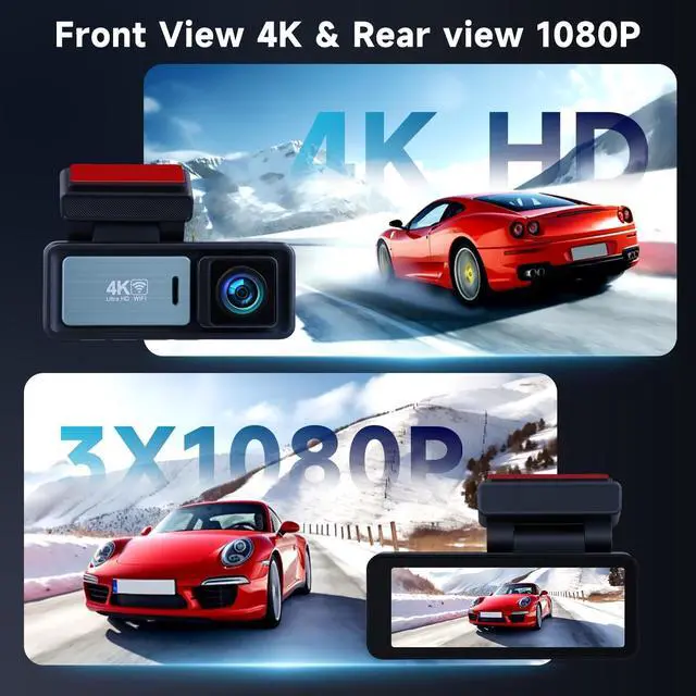 Alt view image 3 of 5 - 4K Dual Dash Cam Front and Rear for Cars,5G WiFi,APP Control,Free 64GB Card,3.12" IPS 4K 3840 * 2160P/FHD Dash Camera,GPS,G-Sensor,24H Parking Mode,Loop Recording