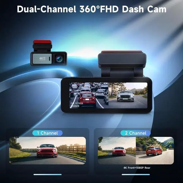 Alt view image 4 of 5 - 4K Dual Dash Cam Front and Rear for Cars,5G WiFi,APP Control,Free 64GB Card,3.12" IPS 4K 3840 * 2160P/FHD Dash Camera,GPS,G-Sensor,24H Parking Mode,Loop Recording
