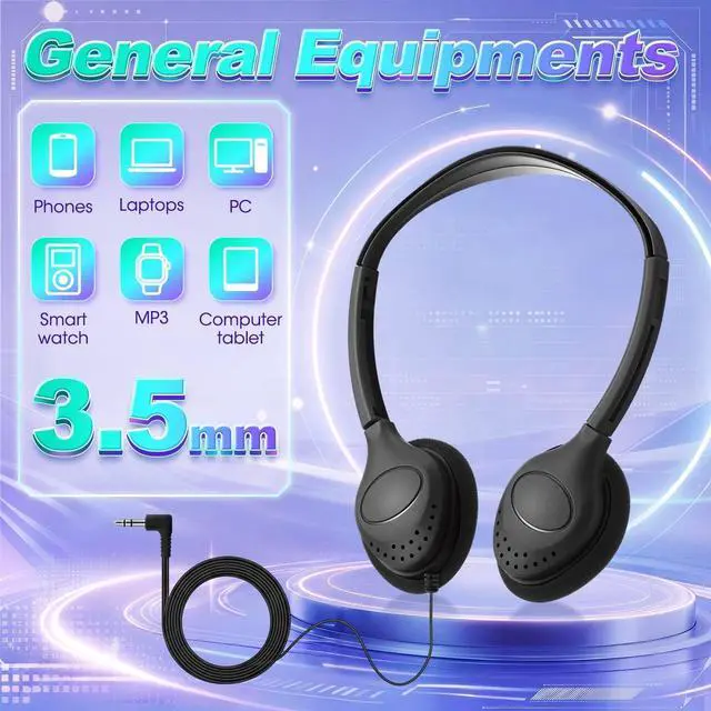 Alt view image 4 of 5 - Hoteam 100 Pack Headphones for Classroom Bulk Students Adjustable Headphones Wired Pack Black Over the Head Earphones with 3.5 mm Plug for School Library Museums Charity Donate(Black,Novelty)