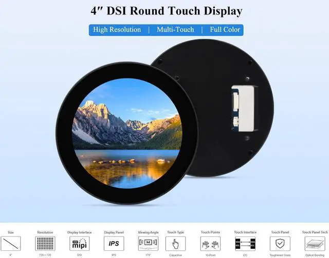 Alt view image 2 of 5 - Wonrabai 4inch DSI Round Capacitive Touch Display, 720 x 720 Resolution, IPS Display Panel, 10-Point Touch, Compatible with Raspberry Pi5/4B/3B+/CM5/CM4/CM3+/CM3/ESP32-P4/RK3576, etc.