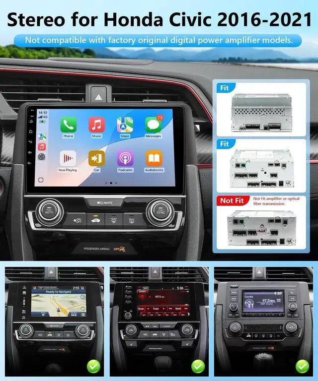 Alt view image 2 of 5 - XGU Android Radio Stereo for Honda Civic 2016 2017 2018 2019 2020 2021 Wirelss Apple CarPlay Android Auto Mirrorlonk Support FM RDS DSP HiFi SWC BT GPS Camera (Honda Civic 2016-2021,8 Core,4GB+64GB)
