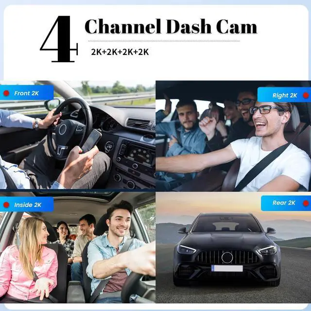 Alt view image 2 of 5 - 4 Channel Dash Cam 360 View 5G WiFi & GPS APP Control,2K Dash Cam Car Camera Front and Rear Inside Left Right,3 Dashcams with G-Sensor Night Vision, Loop Recording,24H Parking Mode