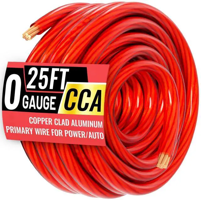 Main image of 0 Gauge Wire 25FT Red Copper Clad Aluminum CCA 1/0 Battery Cable, Primary Power/Ground Cable for Car Audio Speaker, RV Trailer, Amp, Inverter RV Truck, Marine, Solar Equipment, Translucent Jacket