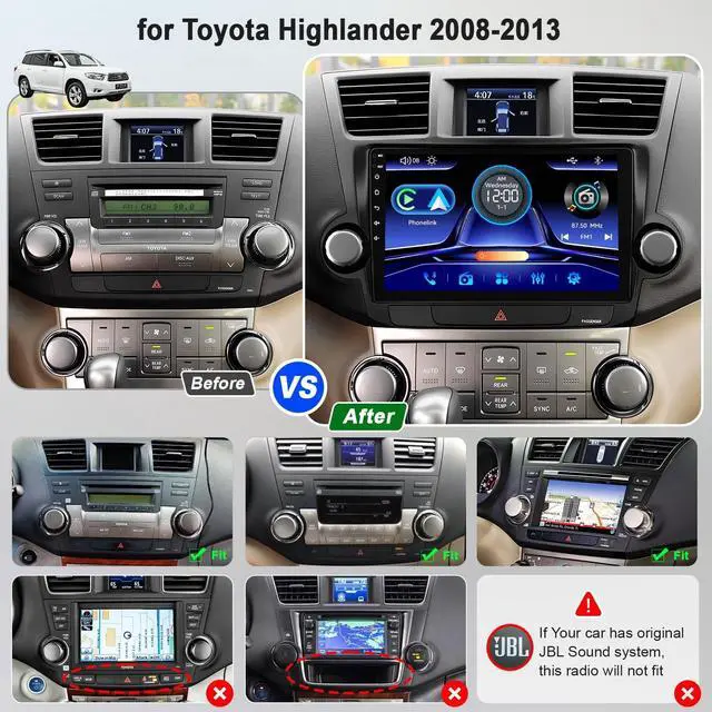 Alt view image 2 of 5 - Car Radio Stereo for Toyota Highlander 2008-2013 (Without JBL Sound System), Support Wireless Carplay/Android Auto/Mirrorlink, 10.2 Inch QLED Touchscreen with Bluetooth,FM Radio