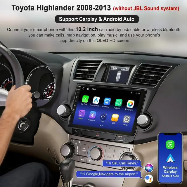 Alt view image 3 of 5 - Car Radio Stereo for Toyota Highlander 2008-2013 (Without JBL Sound System), Support Wireless Carplay/Android Auto/Mirrorlink, 10.2 Inch QLED Touchscreen with Bluetooth,FM Radio