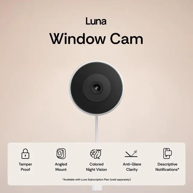 Alt view image 2 of 5 - Luna 3MP 2K Window Camera, 2.4GHz & 5GHz WiFi6 Indoor Cameras for Home Security Outdoor, Smart AI Descriptive Motion Alert, Color Night Vision, Stick-On Glass-Angled Mount Wired, Easy & Quick Install