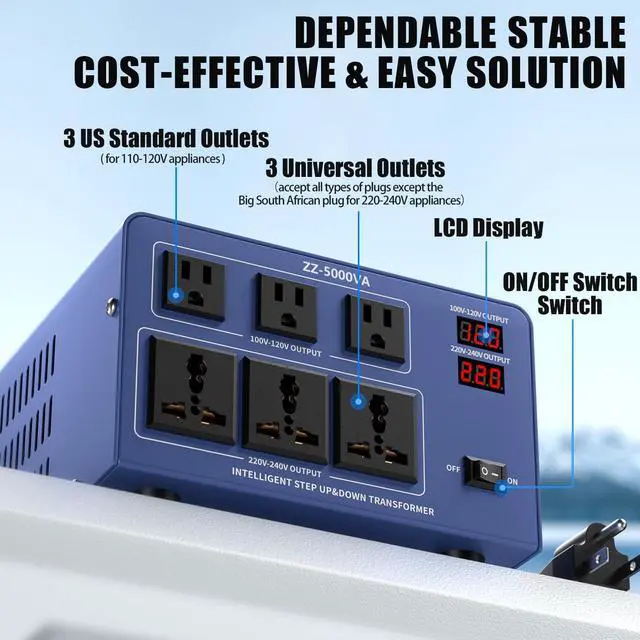 Alt view image 3 of 5 - 5000W Voltage Converter Transformer Step Up/Down 110V/120V to 220V/240V, Auto Voltage Recognition, Heavy Duty Power Converter with 6 Outlets, LCD Display & Circuit Breaker for Home, International Use