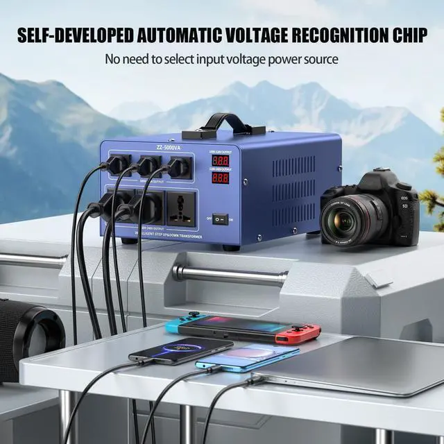 Alt view image 5 of 5 - 5000W Voltage Converter Transformer Step Up/Down 110V/120V to 220V/240V, Auto Voltage Recognition, Heavy Duty Power Converter with 6 Outlets, LCD Display & Circuit Breaker for Home, International Use