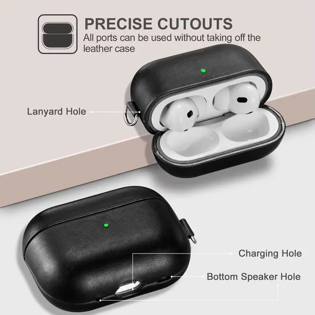 Alt view image 3 of 4 - ICARERFAMILY Leather Case for AirPods Pro 2 (2022), Genuine Leather Shockproof Protective Cover with Lanyard for AirPods Pro 2 Earphones Charging Case (LED Visible) Support Wire