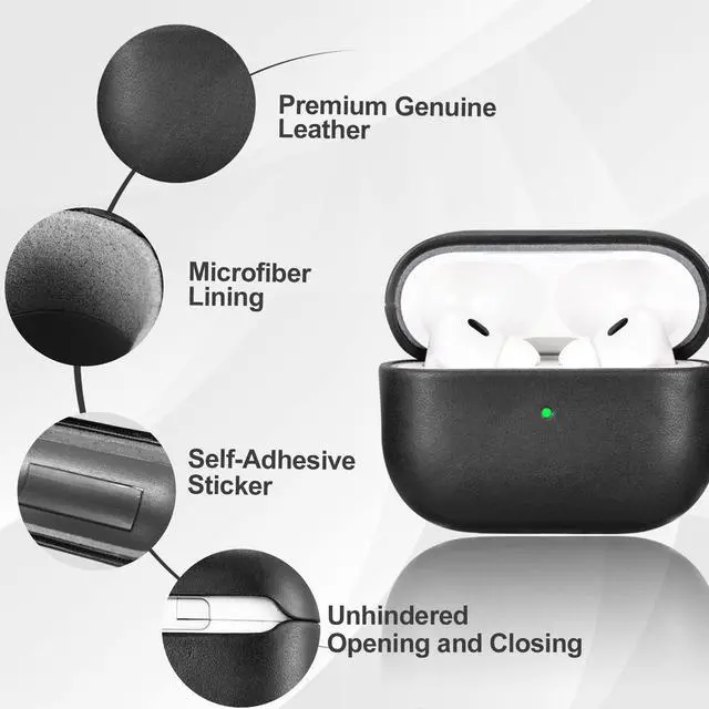 Alt view image 2 of 4 - ICARERFAMILY Leather Case for AirPods Pro 2 (2022), Genuine Leather Shockproof Protective Cover with Lanyard for AirPods Pro 2 Earphones Charging Case (LED Visible) Support Wire