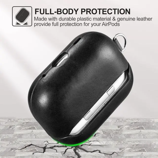 Alt view image 4 of 4 - ICARERFAMILY Leather Case for AirPods Pro 2 (2022), Genuine Leather Shockproof Protective Cover with Lanyard for AirPods Pro 2 Earphones Charging Case (LED Visible) Support Wire