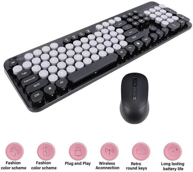 Alt view image 2 of 5 - Wisoqu Wireless Keyboard and Mouse Combo, 2.4GHz Plug and Play with Retro Typewriter Style Round Keycaps, 104 Keys with Numeric Pad, for PC Laptop Desktop (Black)