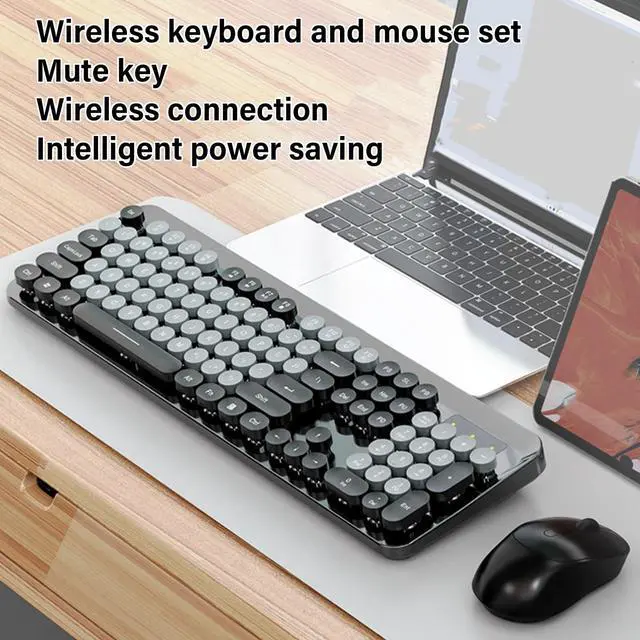 Alt view image 3 of 5 - Wisoqu Wireless Keyboard and Mouse Combo, 2.4GHz Plug and Play with Retro Typewriter Style Round Keycaps, 104 Keys with Numeric Pad, for PC Laptop Desktop (Black)