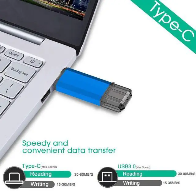 Alt view image 5 of 5 - Kalsan 128GB USB-C Flash Drive - High Speed 128GB Thumb Drive for Type C Smartphones, Tablets, PC & MacBook - Blue
