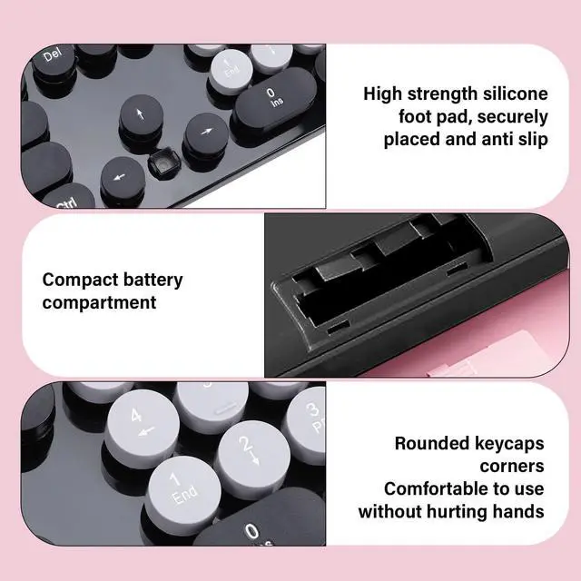 Alt view image 5 of 5 - Wisoqu Wireless Keyboard and Mouse Combo, 2.4GHz Plug and Play with Retro Typewriter Style Round Keycaps, 104 Keys with Numeric Pad, for PC Laptop Desktop (Black)