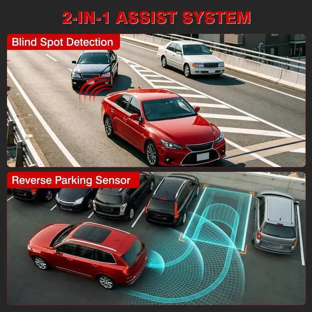 Alt view image 2 of 5 - Riloer Car Auto Vehicle Reverse Backup Radar System with 4 Parking Sensors, Lane Change Assist with LED Warning Lights & Buzzer, Universal Fit for 12V Cars SUVs(Black)