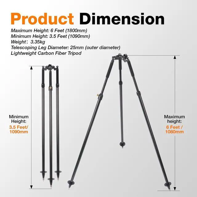 Alt view image 2 of 5 - MOETER Carbon Fiber Thumb Release Tripod for Surveying Poles, Fits 11.25" Side-Entry & 1.5" Top-Entry Poles, Lightweight Survey Tripod with Aluminum Frame, Extends 6 ft for Total Stations & GNSS