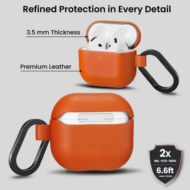 Alt view image 3 of 5 - ORNARTO Compatible with AirPods 4 Case, Full Protective Vegan Leather Cover for AirPods 4th Generation (2024), Front LED Visible, Classic Orange