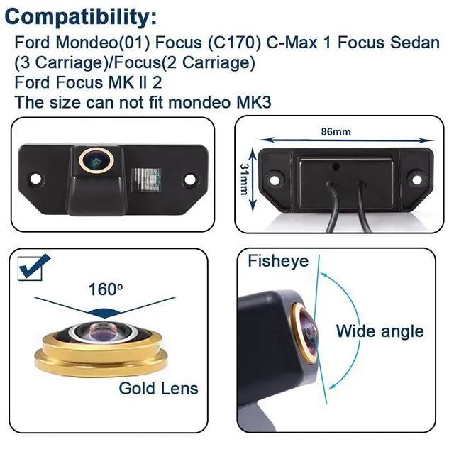 Alt view image 2 of 5 - Caros Fisheye 1280x720 Pixels car Backup Camera Reverse Parking Rear View Vehicle Camera Replacement for Ford Mondeo Focus(2 Carriage) C-Max Sedan(3 Carriage) MK Waterproof Night Vision Wide Angle