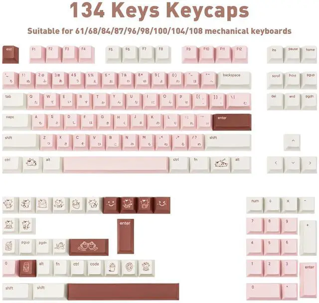 Alt view image 2 of 5 - TICKTYYPE Milk Strawberry Cute Pink Keycaps, 134 Keys PBT Dye-Sublimation Keycaps, Cherry Profile Japanese Keycap, Compatible with 60% 65% 75% 80% 100% Mechanical Keyboard