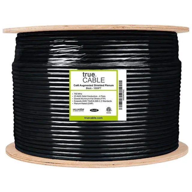 Alt view image 4 of 5 - TRUE CABLE Cat6A Shielded Plenum Bulk Ethernet Cable (CMP), Overall Aluminum Foil Shield (F/UTP), 1000ft, Black, 23AWG Solid Bare Copper, 750MHz, 10Gbps, PoE++ (4PPoE), ETL Listed
