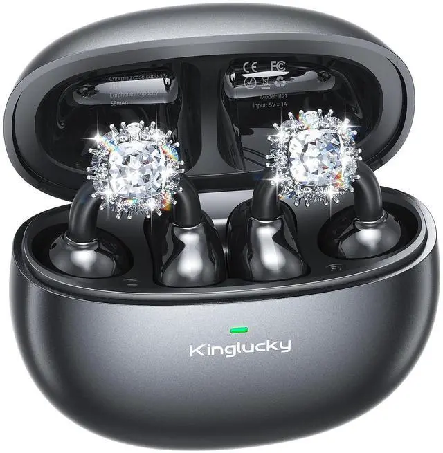 Main image of Kinglucky Jewelry-Inspired Clip-On Earbuds with Diamond Earrings, Comfortable Fit & 40H Playtime Open Ear Bluetooth 5.4 Wireless Headphones for Women, Small Ears, Sports & Workouts (Black)
