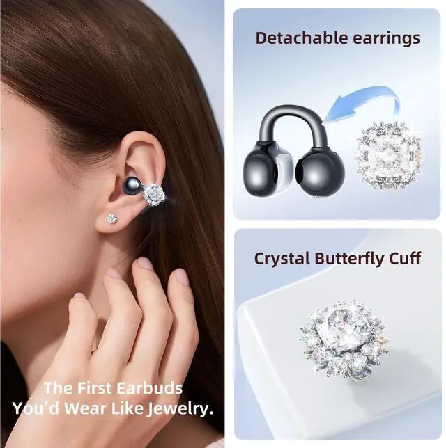 Alt view image 2 of 5 - Kinglucky Jewelry-Inspired Clip-On Earbuds with Diamond Earrings, Comfortable Fit & 40H Playtime Open Ear Bluetooth 5.4 Wireless Headphones for Women, Small Ears, Sports & Workouts (Black)