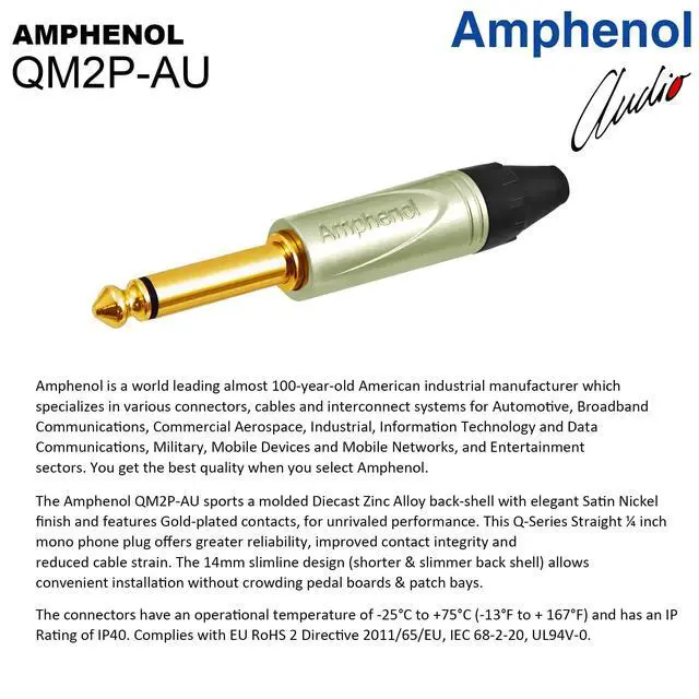Alt view image 5 of 5 - 20 Foot - WBC-PRO-Guitar 20 AWG - Low-Cap (18pF/ft) Pro-Grade Graphite-Based - Dual-Shielded Guitar, Bass, Instrument Cable with Amphenol QM2R-AU & QM2P-AU Inch (6.35mm) Gold TS Connectors