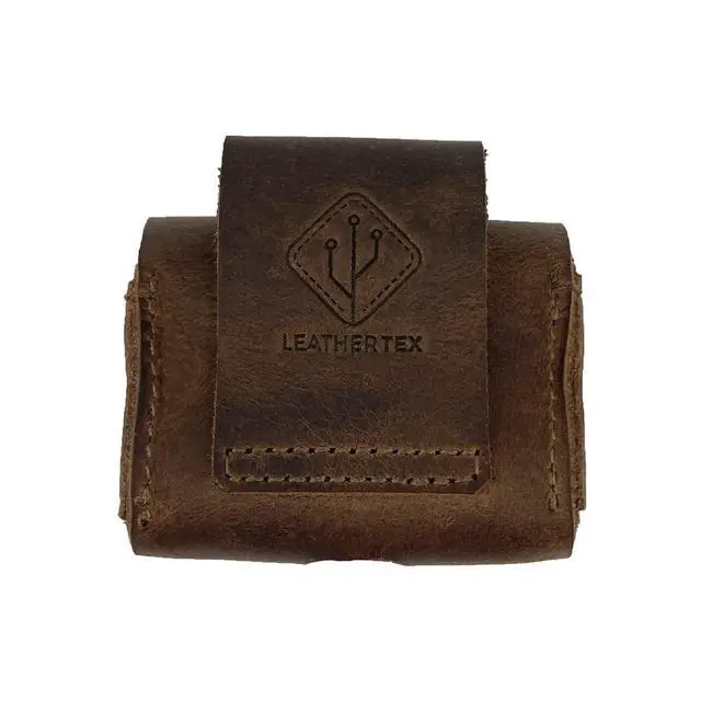 Alt view image 2 of 5 - LeatherTex, Rustic Charging Cover Compatible with AirPods Pro, Pocket Size, Bluetooth Device Case, Portable Carrying Pouch, Full Grain Leather, Handmade, Bourbon Brown