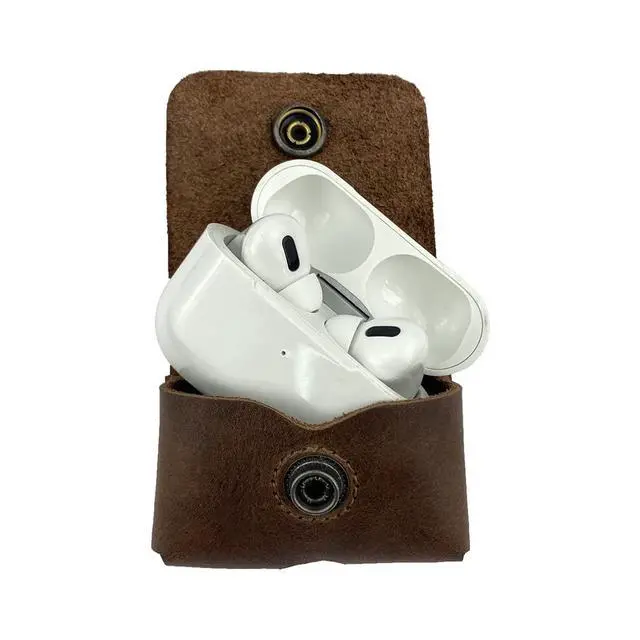 Alt view image 5 of 5 - LeatherTex, Rustic Charging Cover Compatible with AirPods Pro, Pocket Size, Bluetooth Device Case, Portable Carrying Pouch, Full Grain Leather, Handmade, Bourbon Brown
