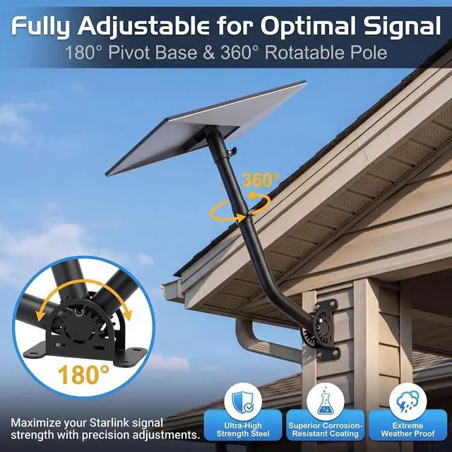 Alt view image 2 of 4 - Gen 3 Starlink Mount, Adjustable Wall /Roof Satellite Dish Mounting Kit with 360Rotatable Pole for Wall Compatible with Starlink Standard 4/4X/V3-Include Starlink Gen 3 Pipe Adapter