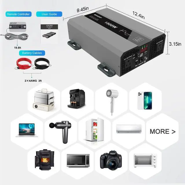 Alt view image 5 of 5 - MFUZOP Pure Sine Wave Inverter 1500W Power 12V DC to 110V 120V AC Converter 3000W Peak Power Inverter with Dual AC Outlets USB Port Type-C Remote Control LCD Display for Truck RV Vehicles Solar