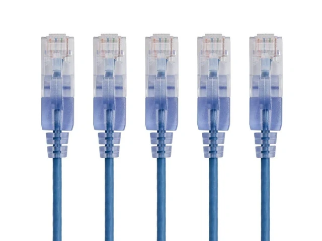 Main image of Monoprice Cat6A Ethernet Patch Cable - Snagless RJ45, 550Mhz, 10G, UTP, Pure Bare Copper Wire, 30AWG, 5-Pack, 10 Feet, Blue - SlimRun Series
