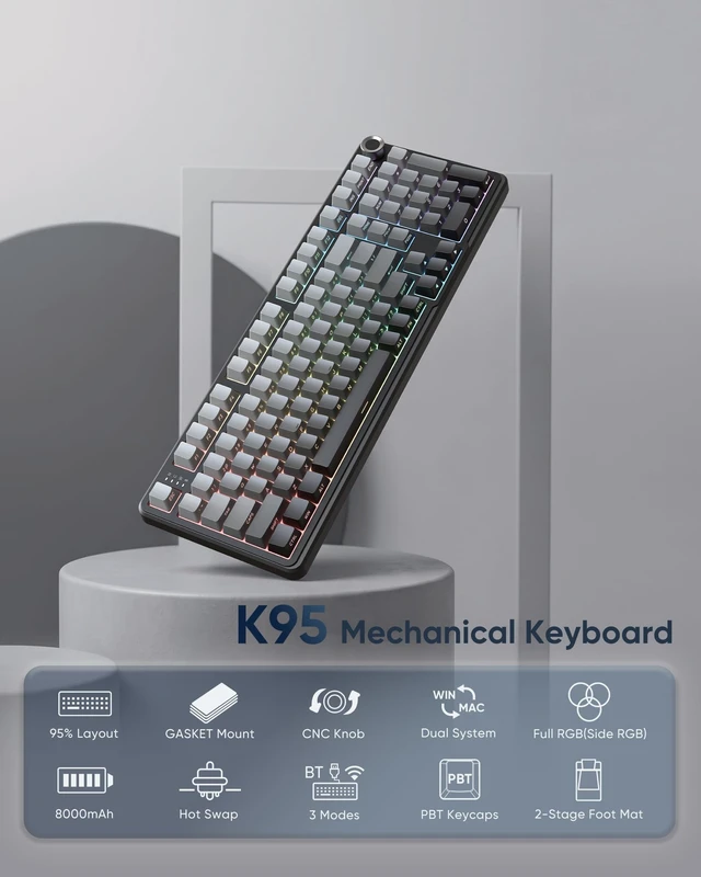 Alt view image 2 of 5 - RedThunder K95 S Wireless Mechanical Gaming Keyboard, Hot Swappable Creamy Keyboard with Knob, RGB Backlit, Pre-lubed Linear Switches, Side Engraved PBT Keycaps, Wireless/Wired/BT5.0, Gr