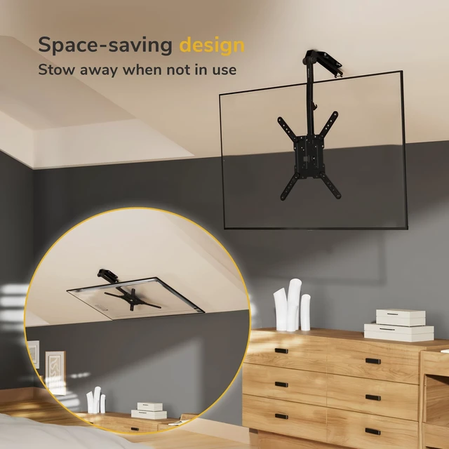 Alt view image 2 of 5 - Mount-It! Fold-Up Ceiling TV Mount for 2355 Inch TVs with Longer Arm, Space-Saving Flip Down Bracket for Flat & Slanted Ceilings, Retractable Tilt & Swivel Mount, VESA up to 400x400, 44 lbs Capacity