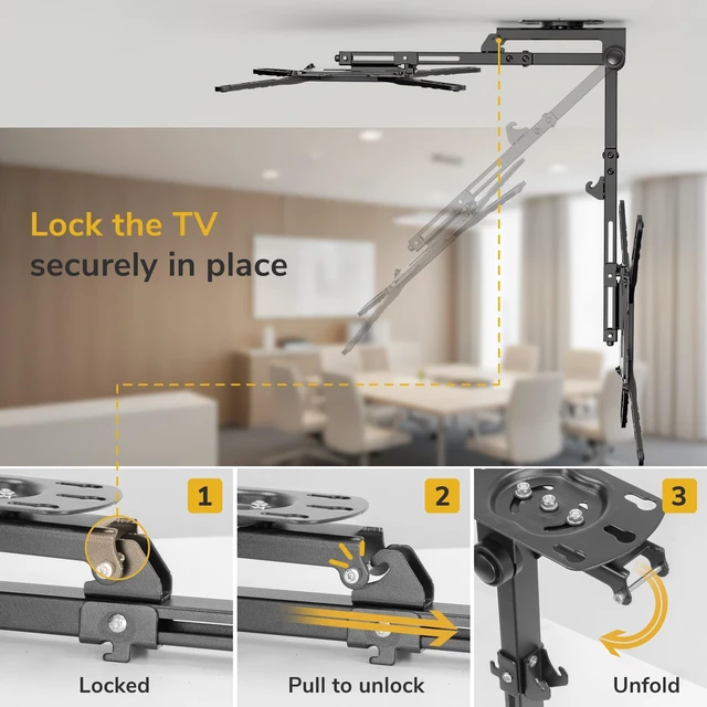 Alt view image 3 of 5 - Mount-It! Fold-Up Ceiling TV Mount for 2355 Inch TVs with Longer Arm, Space-Saving Flip Down Bracket for Flat & Slanted Ceilings, Retractable Tilt & Swivel Mount, VESA up to 400x400, 44 lbs Capacity
