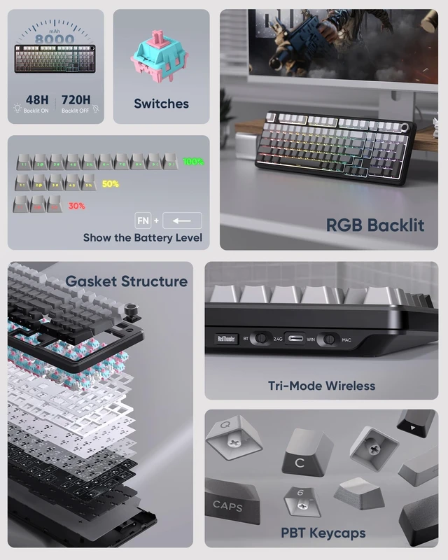 Alt view image 3 of 5 - RedThunder K95 S Wireless Mechanical Gaming Keyboard, Hot Swappable Creamy Keyboard with Knob, RGB Backlit, Pre-lubed Linear Switches, Side Engraved PBT Keycaps, Wireless/Wired/BT5.0, Gr