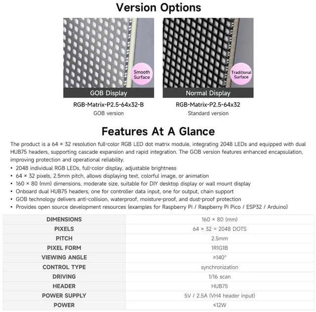 Alt view image 4 of 5 - Waveshare RGB Full-Color LED Matrix Panel, 2.5mm Pitch, 6432 Pixels, Adjustable Brightness, GOB Version